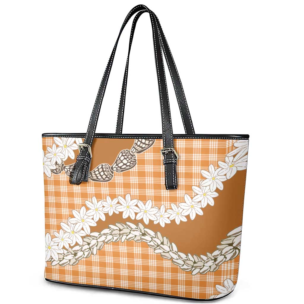 Orange Hawaii Tiare and Shell Lei Leather Tote Bag Hawaiian Palaka Luxury Vibes - Polynesian Pride