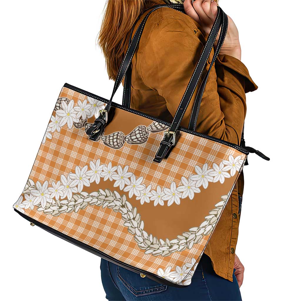 Orange Hawaii Tiare and Shell Lei Leather Tote Bag Hawaiian Palaka Luxury Vibes - Polynesian Pride