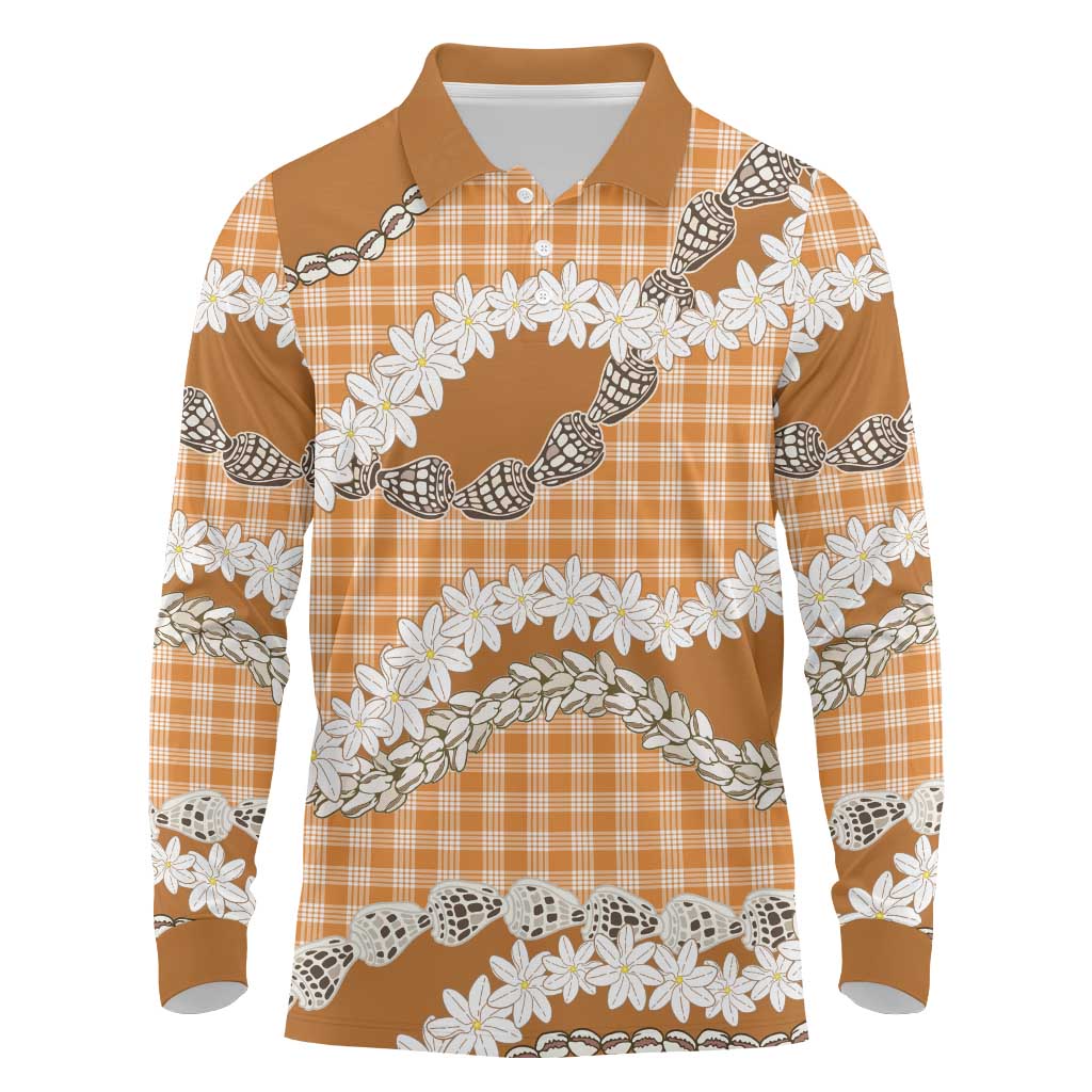 Orange Hawaii Tiare and Shell Lei Long Sleeve Polo Shirt Hawaiian Palaka Luxury Vibes - Polynesian Pride