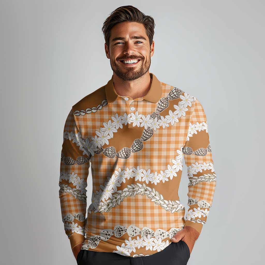 Orange Hawaii Tiare and Shell Lei Long Sleeve Polo Shirt Hawaiian Palaka Luxury Vibes - Polynesian Pride