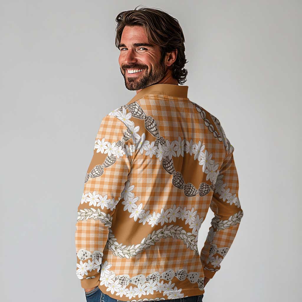 Orange Hawaii Tiare and Shell Lei Long Sleeve Polo Shirt Hawaiian Palaka Luxury Vibes - Polynesian Pride