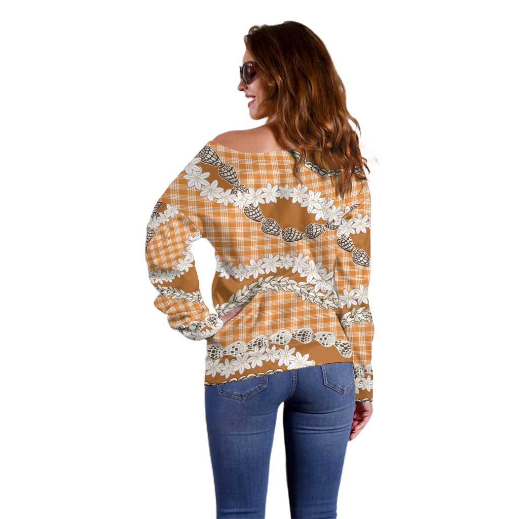 Orange Hawaii Tiare and Shell Lei Off Shoulder Sweater Hawaiian Palaka Luxury Vibes - Polynesian Pride