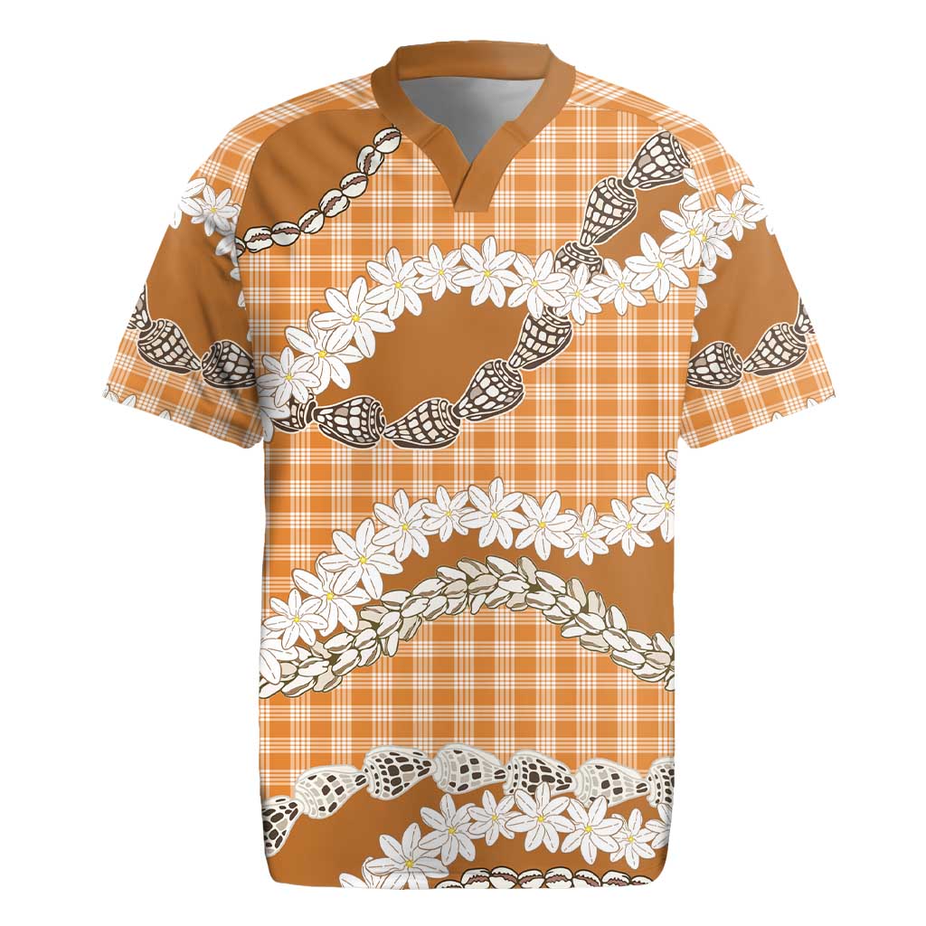 Orange Hawaii Tiare and Shell Lei Rugby Jersey Hawaiian Palaka Luxury Vibes - Polynesian Pride