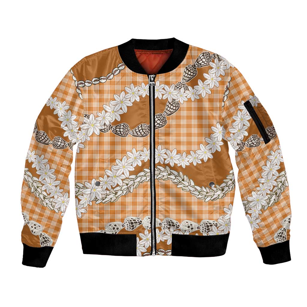 Orange Hawaii Tiare and Shell Lei Sleeve Zip Bomber Jacket Hawaiian Palaka Luxury Vibes LT14 Unisex Orange - Polynesian Pride