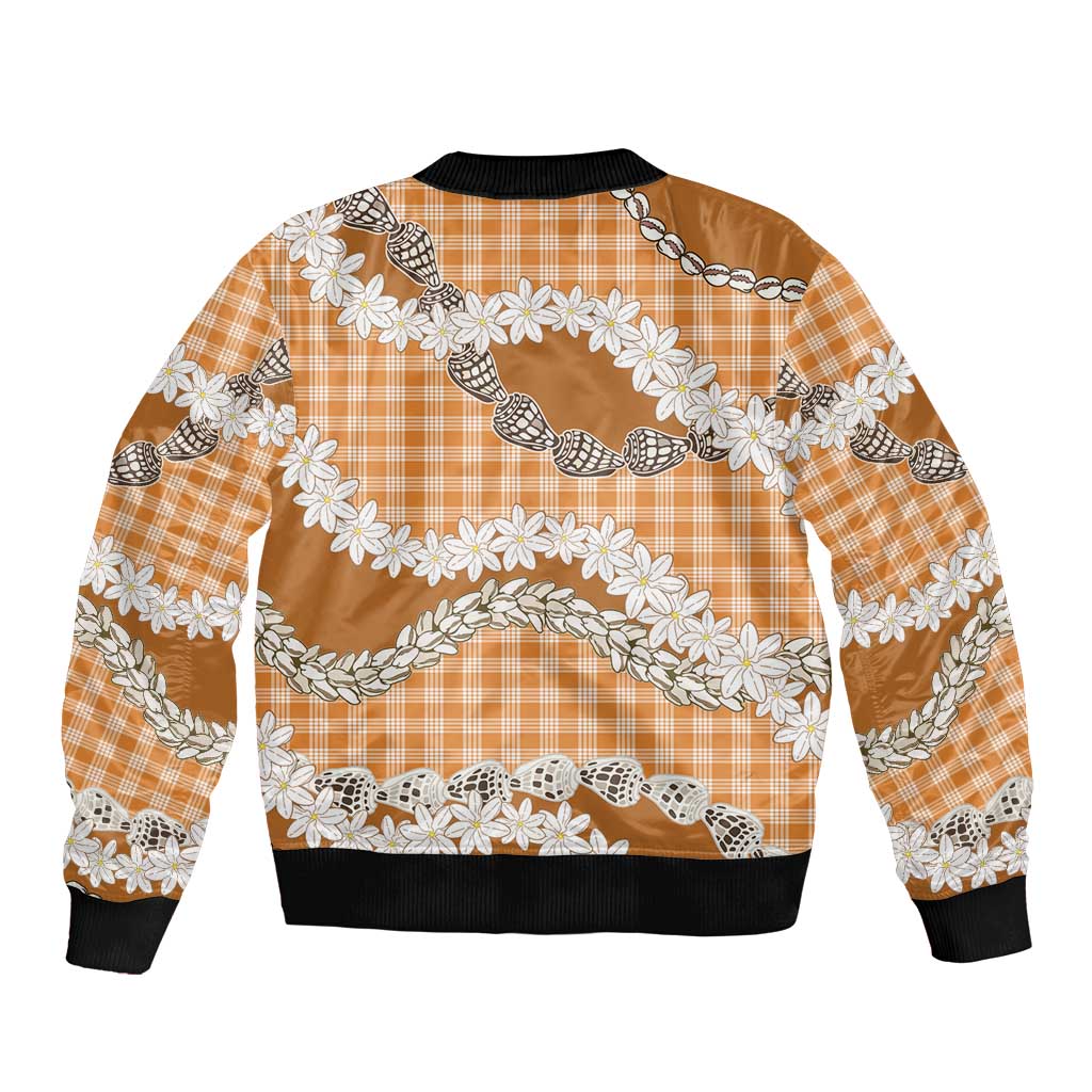 Orange Hawaii Tiare and Shell Lei Sleeve Zip Bomber Jacket Hawaiian Palaka Luxury Vibes LT14 - Polynesian Pride