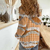 Orange Hawaii Tiare and Shell Lei Women Casual Shirt Hawaiian Palaka Luxury Vibes LT14 - Polynesian Pride