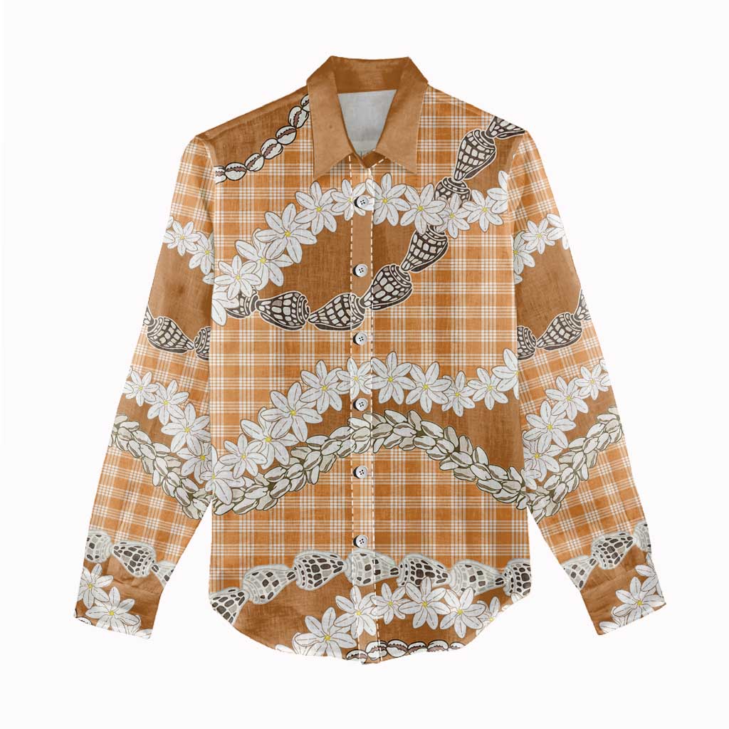 Orange Hawaii Tiare and Shell Lei Women Casual Shirt Hawaiian Palaka Luxury Vibes LT14 - Polynesian Pride