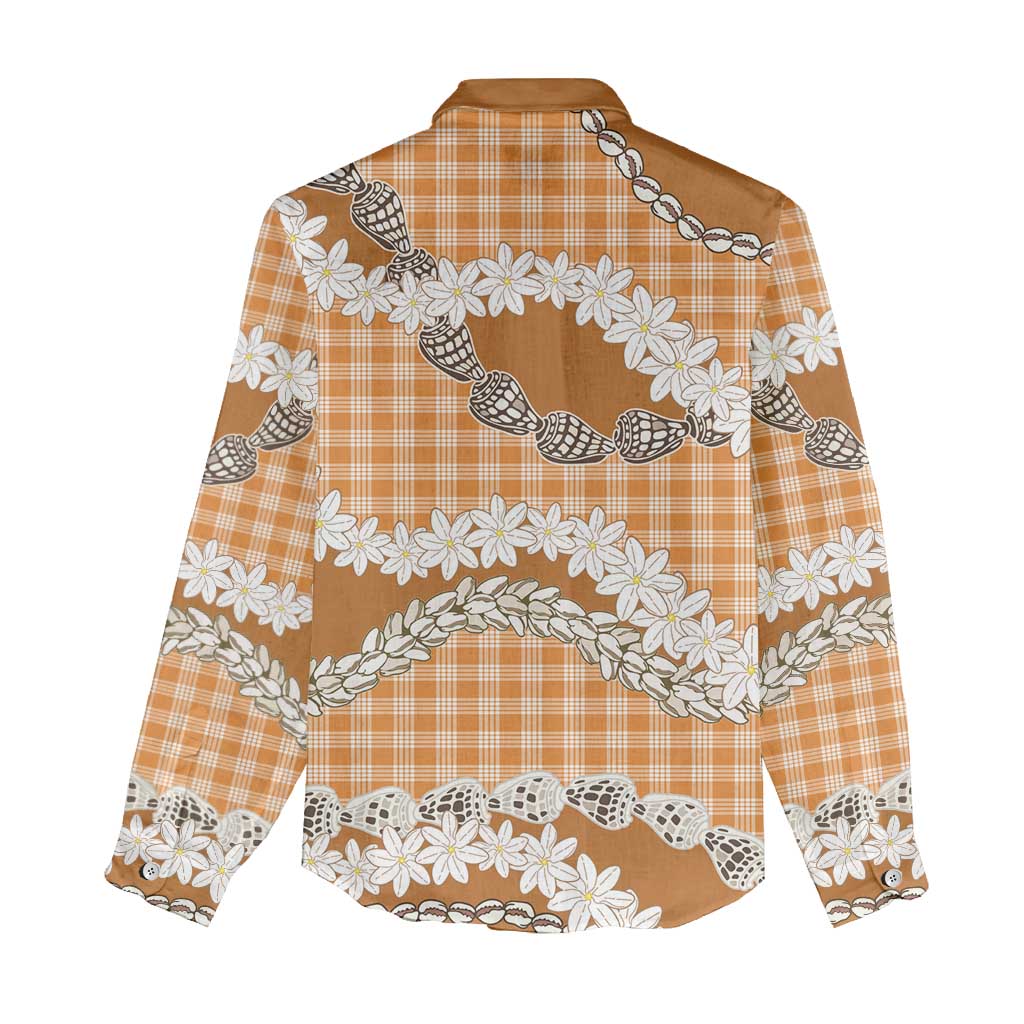 Orange Hawaii Tiare and Shell Lei Women Casual Shirt Hawaiian Palaka Luxury Vibes LT14 - Polynesian Pride