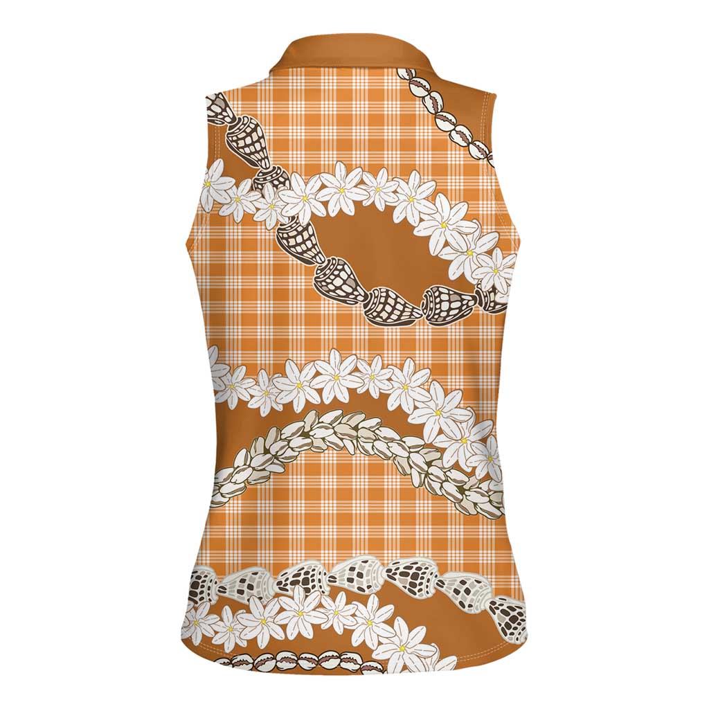 Orange Hawaii Tiare and Shell Lei Women Sleeveless Polo Shirt Hawaiian Palaka Luxury Vibes - Polynesian Pride