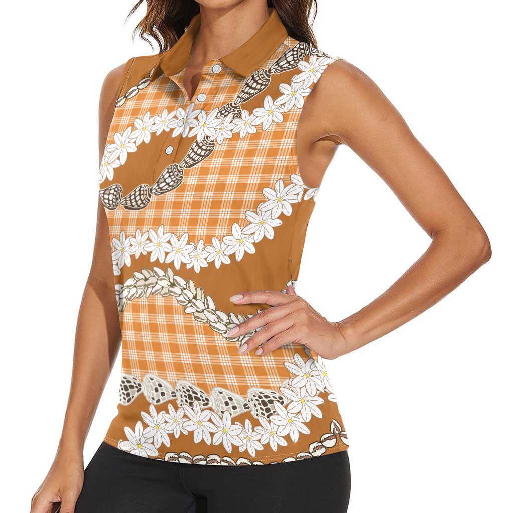 Orange Hawaii Tiare and Shell Lei Women Sleeveless Polo Shirt Hawaiian Palaka Luxury Vibes - Polynesian Pride