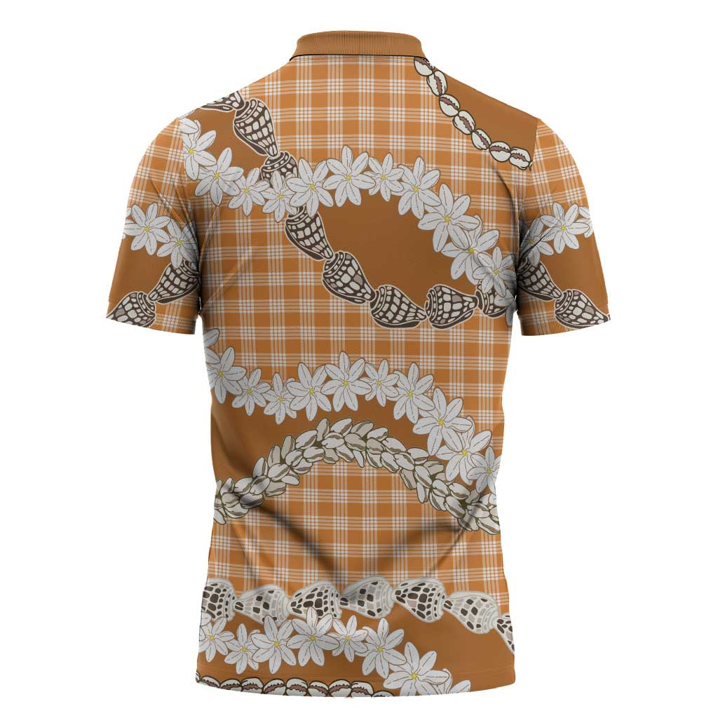 Orange Hawaii Tiare and Shell Lei Zipper Polo Shirt Hawaiian Palaka Luxury Vibes - Polynesian Pride