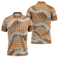 Orange Hawaii Tiare and Shell Lei Zipper Polo Shirt Hawaiian Palaka Luxury Vibes - Polynesian Pride