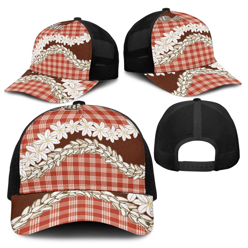Red Hawaii Tiare and Shell Lei Baseball Net Cap Hawaiian Palaka Luxury Vibes - Polynesian Pride
