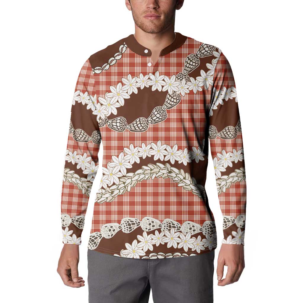 Red Hawaii Tiare and Shell Lei Button Sweatshirt Hawaiian Palaka Luxury Vibes - Polynesian Pride