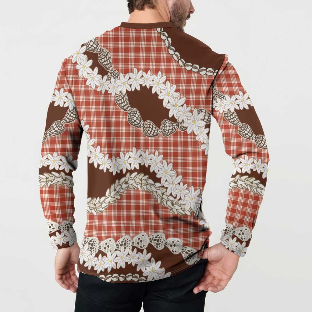 Red Hawaii Tiare and Shell Lei Button Sweatshirt Hawaiian Palaka Luxury Vibes - Polynesian Pride