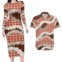 Red Hawaii Tiare and Shell Lei Couples Matching Long Sleeve Bodycon Dress and Hawaiian Shirt Hawaiian Palaka Luxury Vibes - Polynesian Pride