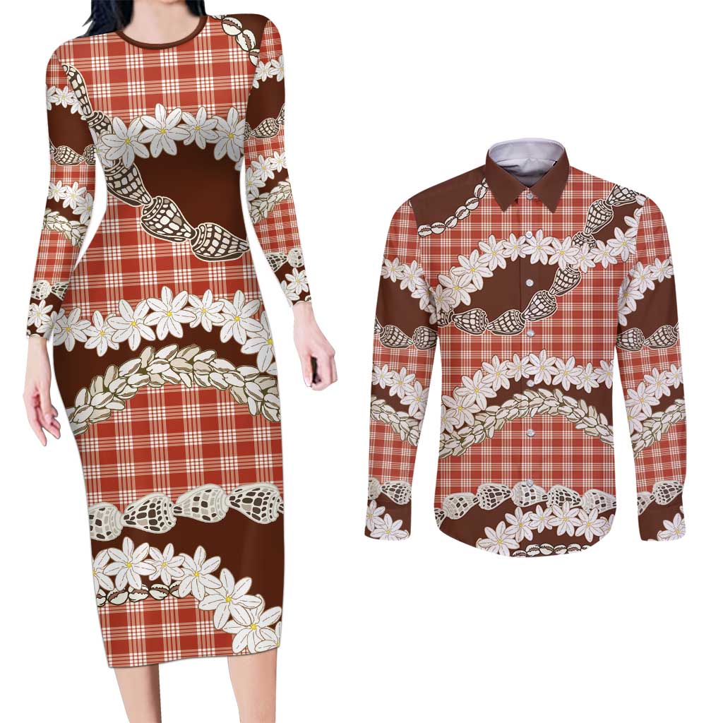 Red Hawaii Tiare and Shell Lei Couples Matching Long Sleeve Bodycon Dress and Long Sleeve Button Shirt Hawaiian Palaka Luxury Vibes - Polynesian Pride