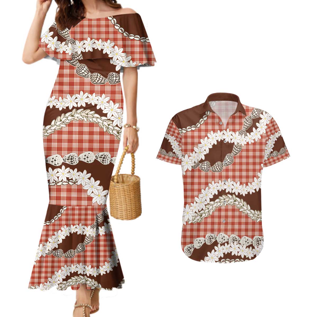 Red Hawaii Tiare and Shell Lei Couples Matching Mermaid Dress and Hawaiian Shirt Hawaiian Palaka Luxury Vibes - Polynesian Pride