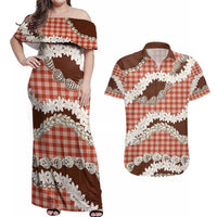 Red Hawaii Tiare and Shell Lei Couples Matching Off Shoulder Maxi Dress and Hawaiian Shirt Hawaiian Palaka Luxury Vibes - Polynesian Pride
