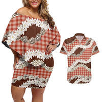 Red Hawaii Tiare and Shell Lei Couples Matching Off Shoulder Short Dress and Hawaiian Shirt Hawaiian Palaka Luxury Vibes - Polynesian Pride