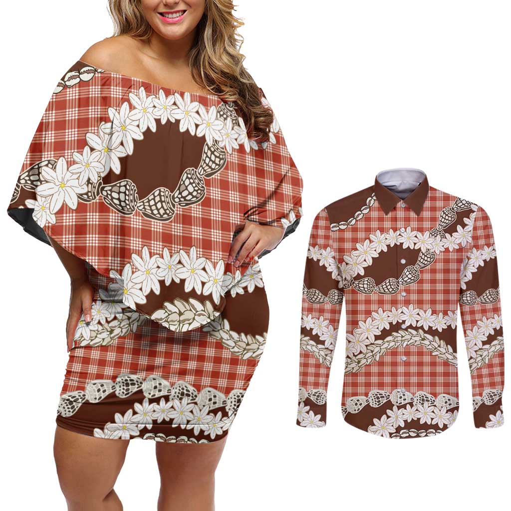 Red Hawaii Tiare and Shell Lei Couples Matching Off Shoulder Short Dress and Long Sleeve Button Shirt Hawaiian Palaka Luxury Vibes - Polynesian Pride