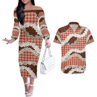 Red Hawaii Tiare and Shell Lei Couples Matching Off The Shoulder Long Sleeve Dress and Hawaiian Shirt Hawaiian Palaka Luxury Vibes - Polynesian Pride