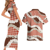 Red Hawaii Tiare and Shell Lei Couples Matching Short Sleeve Bodycon Dress and Hawaiian Shirt Hawaiian Palaka Luxury Vibes - Polynesian Pride