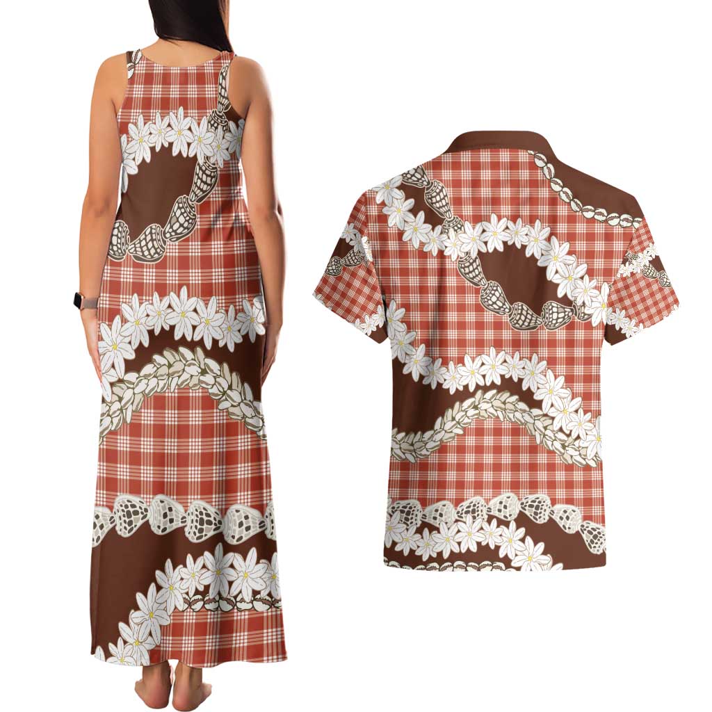 Red Hawaii Tiare and Shell Lei Couples Matching Tank Maxi Dress and Hawaiian Shirt Hawaiian Palaka Luxury Vibes - Polynesian Pride