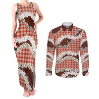 Red Hawaii Tiare and Shell Lei Couples Matching Tank Maxi Dress and Long Sleeve Button Shirt Hawaiian Palaka Luxury Vibes - Polynesian Pride