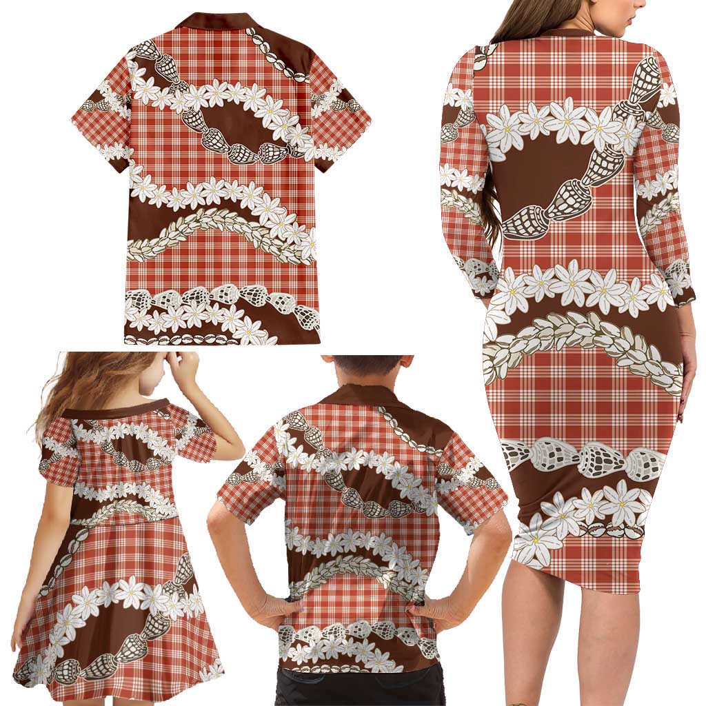 Red Hawaii Tiare and Shell Lei Family Matching Long Sleeve Bodycon Dress and Hawaiian Shirt Hawaiian Palaka Luxury Vibes - Polynesian Pride