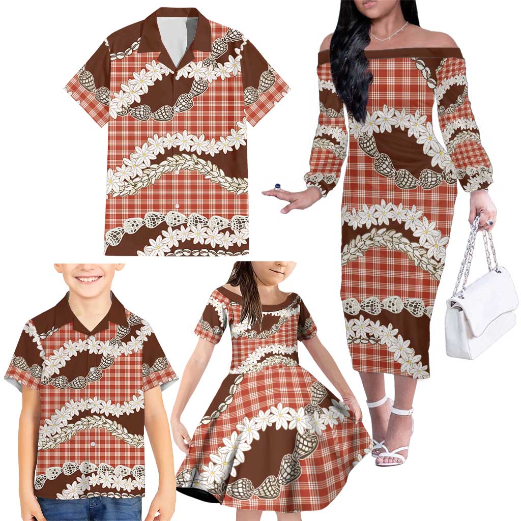 Red Hawaii Tiare and Shell Lei Family Matching Off The Shoulder Long Sleeve Dress and Hawaiian Shirt Hawaiian Palaka Luxury Vibes LT14 - Polynesian Pride