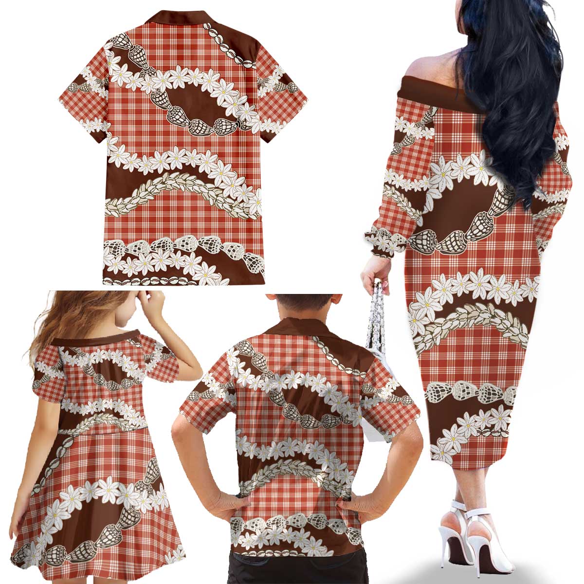 Red Hawaii Tiare and Shell Lei Family Matching Off The Shoulder Long Sleeve Dress and Hawaiian Shirt Hawaiian Palaka Luxury Vibes - Polynesian Pride