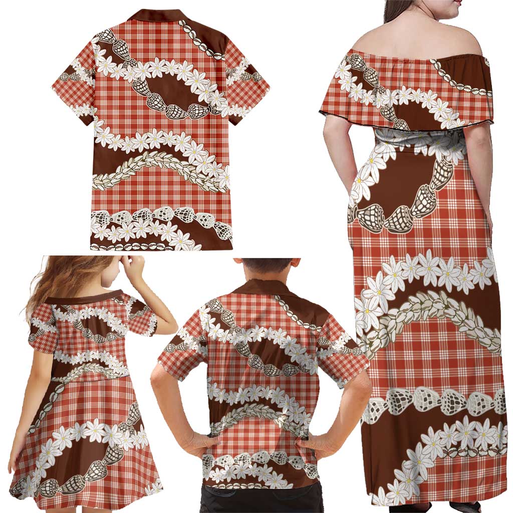 Red Hawaii Tiare and Shell Lei Family Matching Off Shoulder Maxi Dress and Hawaiian Shirt Hawaiian Palaka Luxury Vibes - Polynesian Pride