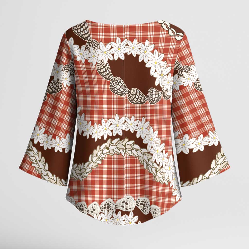 Red Hawaii Tiare and Shell Lei Kimono Sleeve Blouse Hawaiian Palaka Luxury Vibes - Polynesian Pride