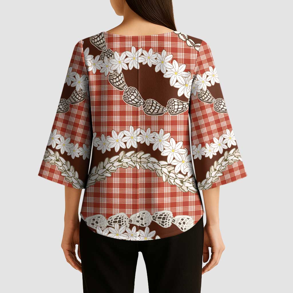Red Hawaii Tiare and Shell Lei Kimono Sleeve Blouse Hawaiian Palaka Luxury Vibes - Polynesian Pride