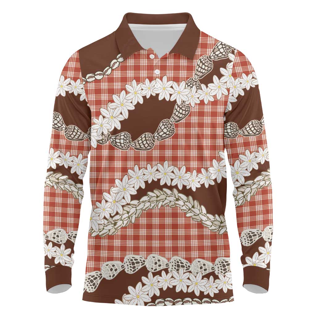 Red Hawaii Tiare and Shell Lei Long Sleeve Polo Shirt Hawaiian Palaka Luxury Vibes LT14 Red - Polynesian Pride