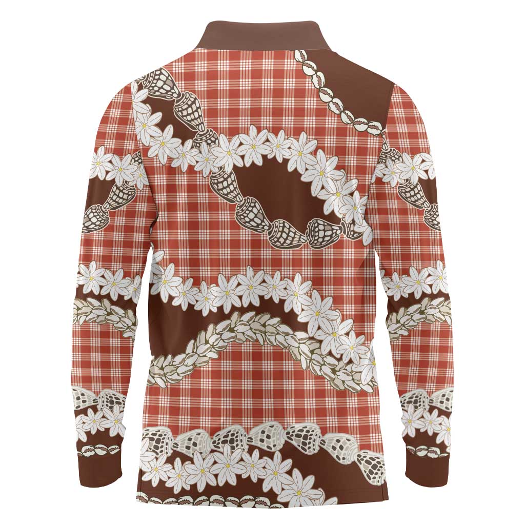 Red Hawaii Tiare and Shell Lei Long Sleeve Polo Shirt Hawaiian Palaka Luxury Vibes - Polynesian Pride