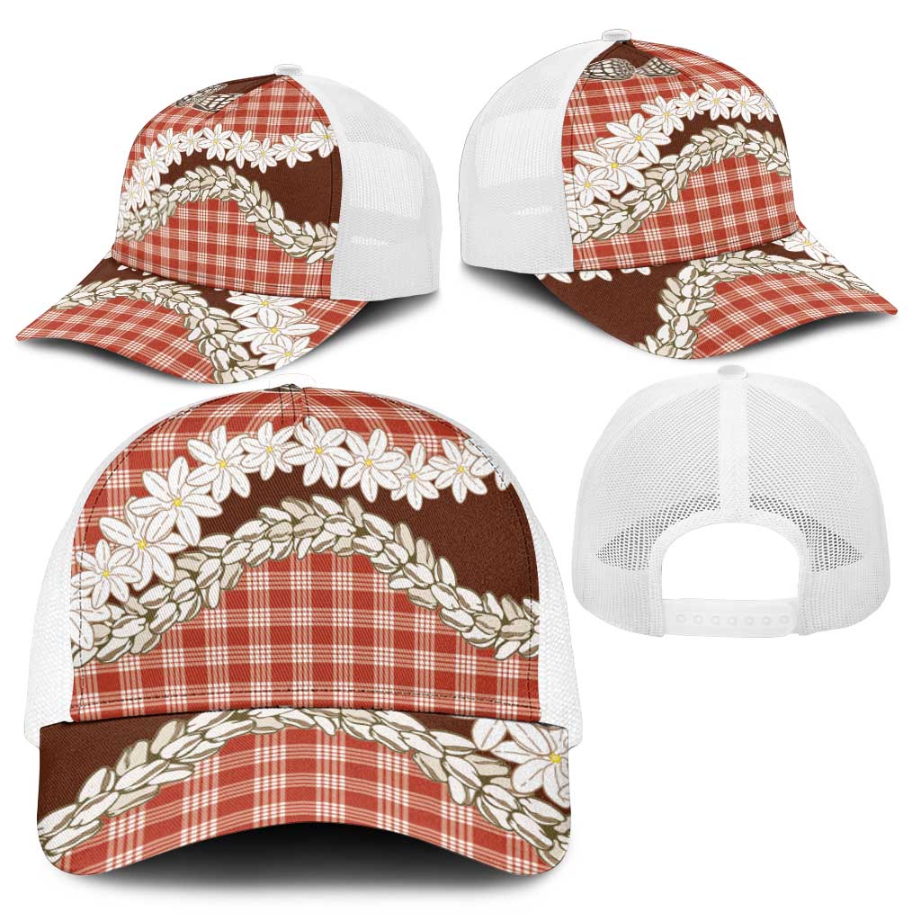 Red Hawaii Tiare and Shell Lei Mesh Trucker Cap Hawaiian Palaka Luxury Vibes - Polynesian Pride