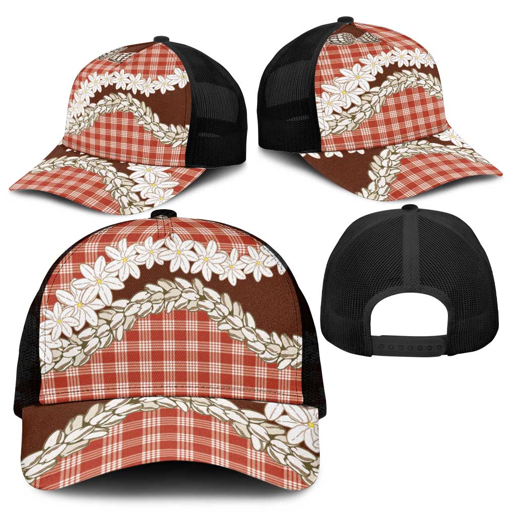 Red Hawaii Tiare and Shell Lei Mesh Trucker Cap Hawaiian Palaka Luxury Vibes - Polynesian Pride