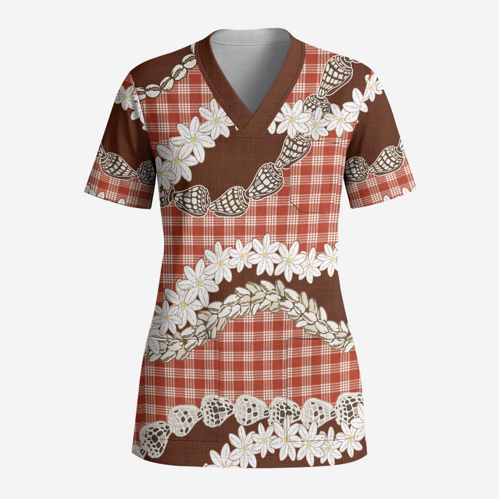 Red Hawaii Tiare and Shell Lei Scrub Top Hawaiian Palaka Luxury Vibes LT14 Adult Red - Polynesian Pride