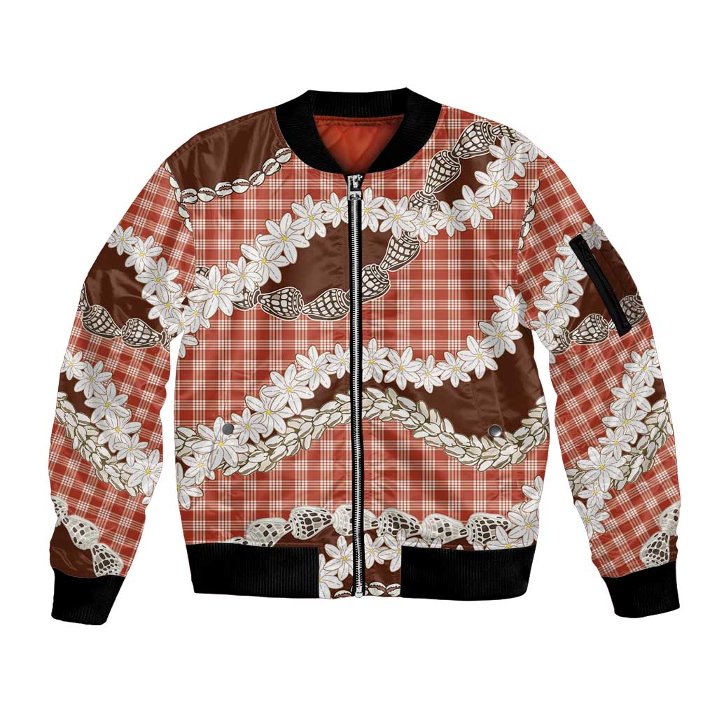 Red Hawaii Tiare and Shell Lei Sleeve Zip Bomber Jacket Hawaiian Palaka Luxury Vibes LT14 Unisex Red - Polynesian Pride