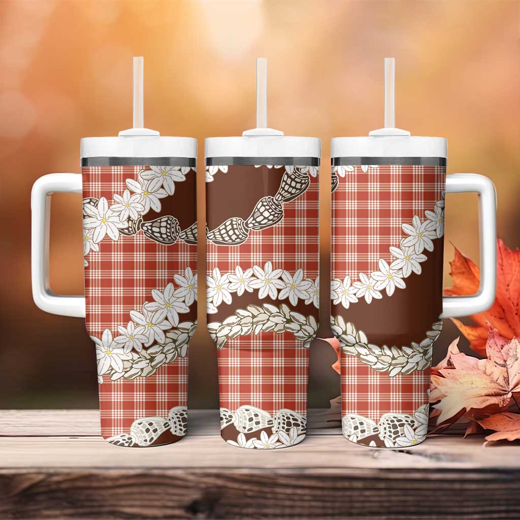 Red Hawaii Tiare and Shell Lei Tumbler With Handle Hawaiian Palaka Luxury Vibes - Polynesian Pride