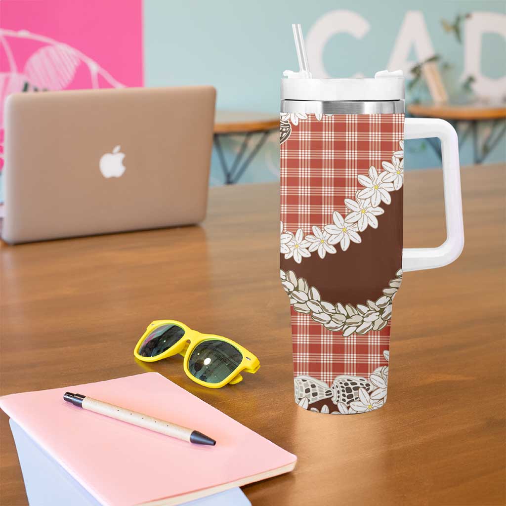 Red Hawaii Tiare and Shell Lei Tumbler With Handle Hawaiian Palaka Luxury Vibes - Polynesian Pride