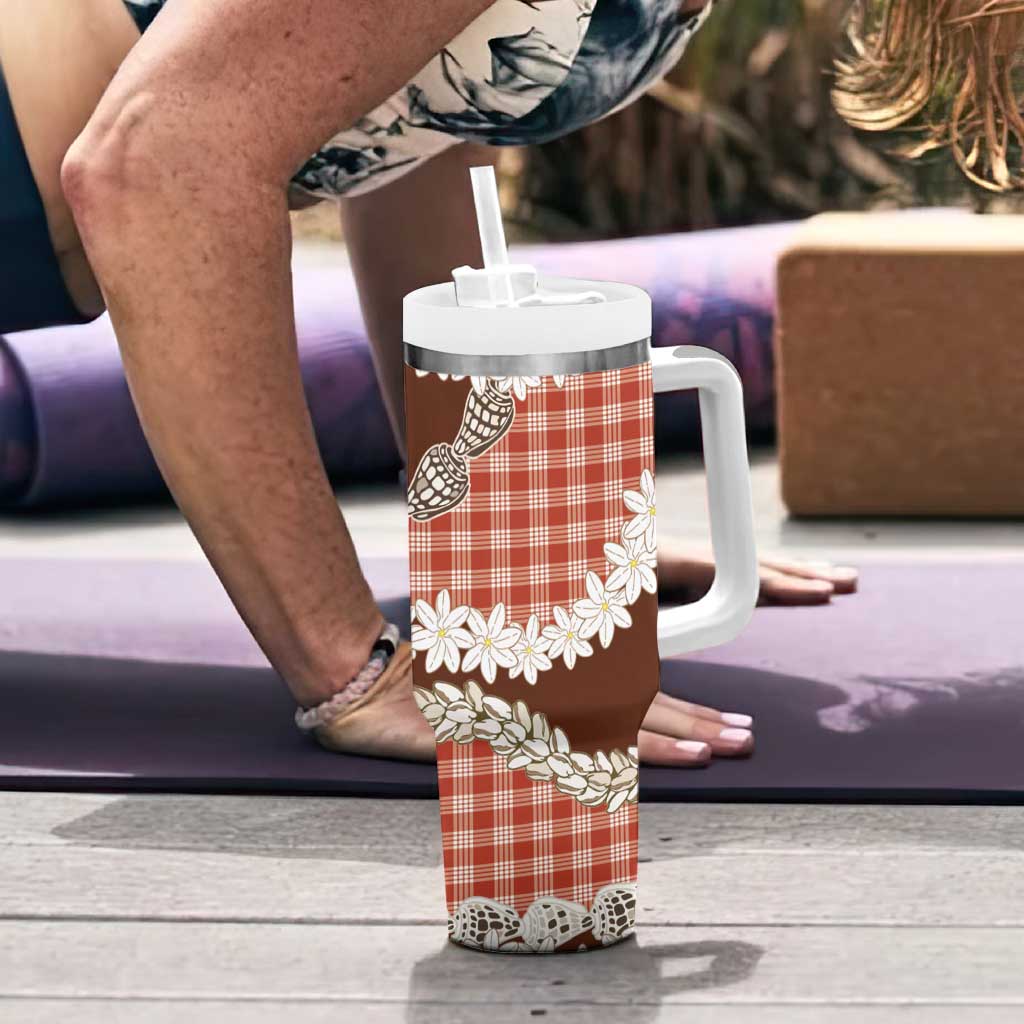 Red Hawaii Tiare and Shell Lei Tumbler With Handle Hawaiian Palaka Luxury Vibes - Polynesian Pride