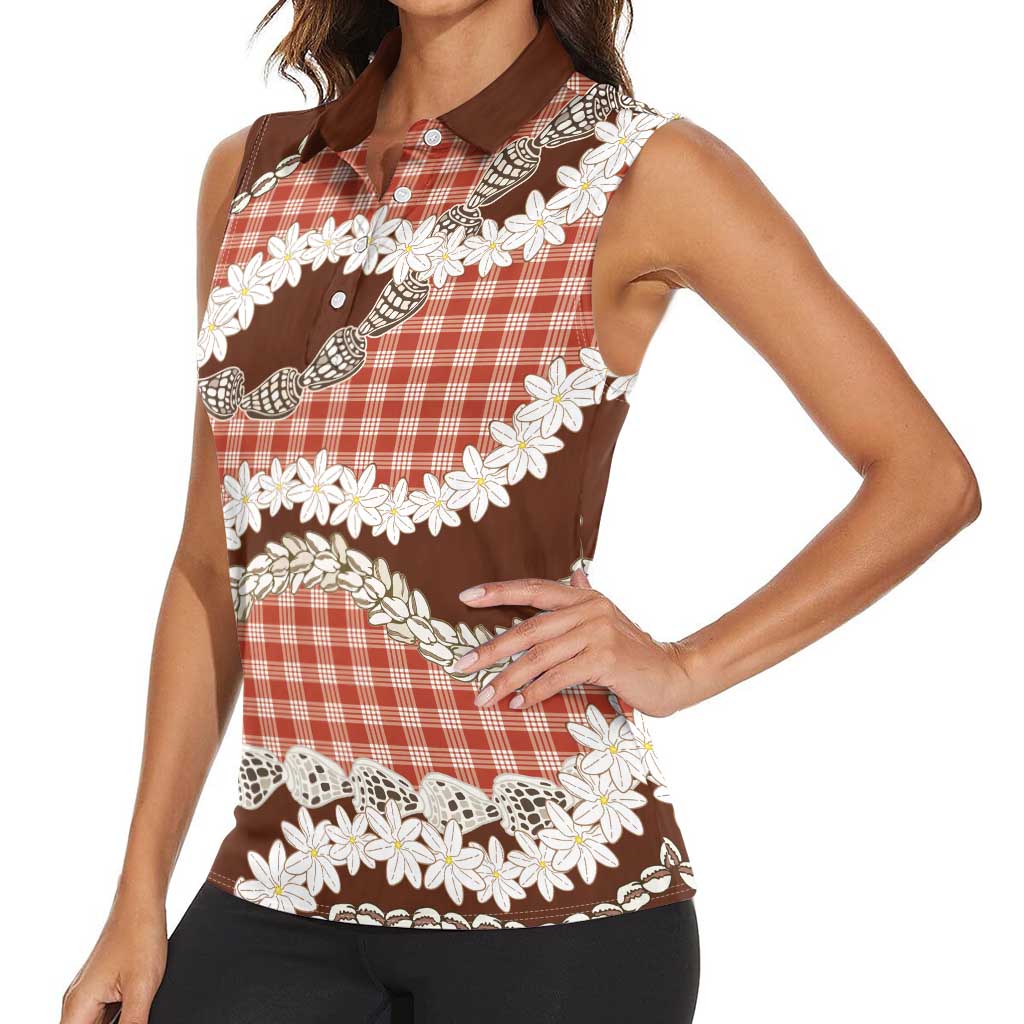 Red Hawaii Tiare and Shell Lei Women Sleeveless Polo Shirt Hawaiian Palaka Luxury Vibes - Polynesian Pride