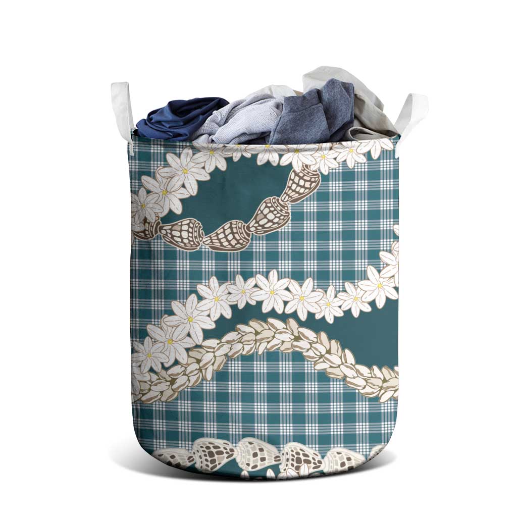 Dark Cyan Hawaii Tiare and Shell Lei Laundry Basket Hawaiian Palaka Luxury Vibes - Polynesian Pride