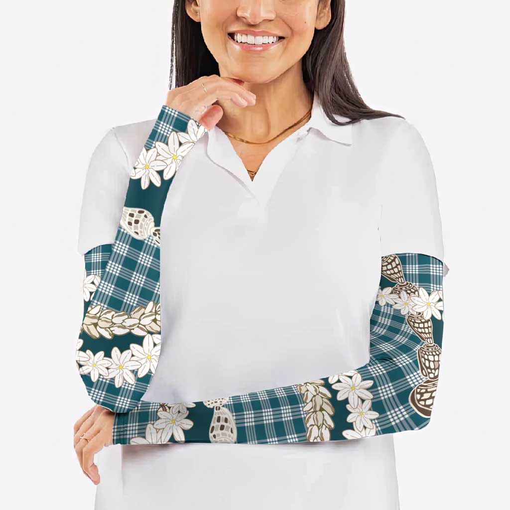 Dark Cyan Hawaii Tiare and Shell Lei Arm Sleeves Hawaiian Palaka Luxury Vibes - Polynesian Pride