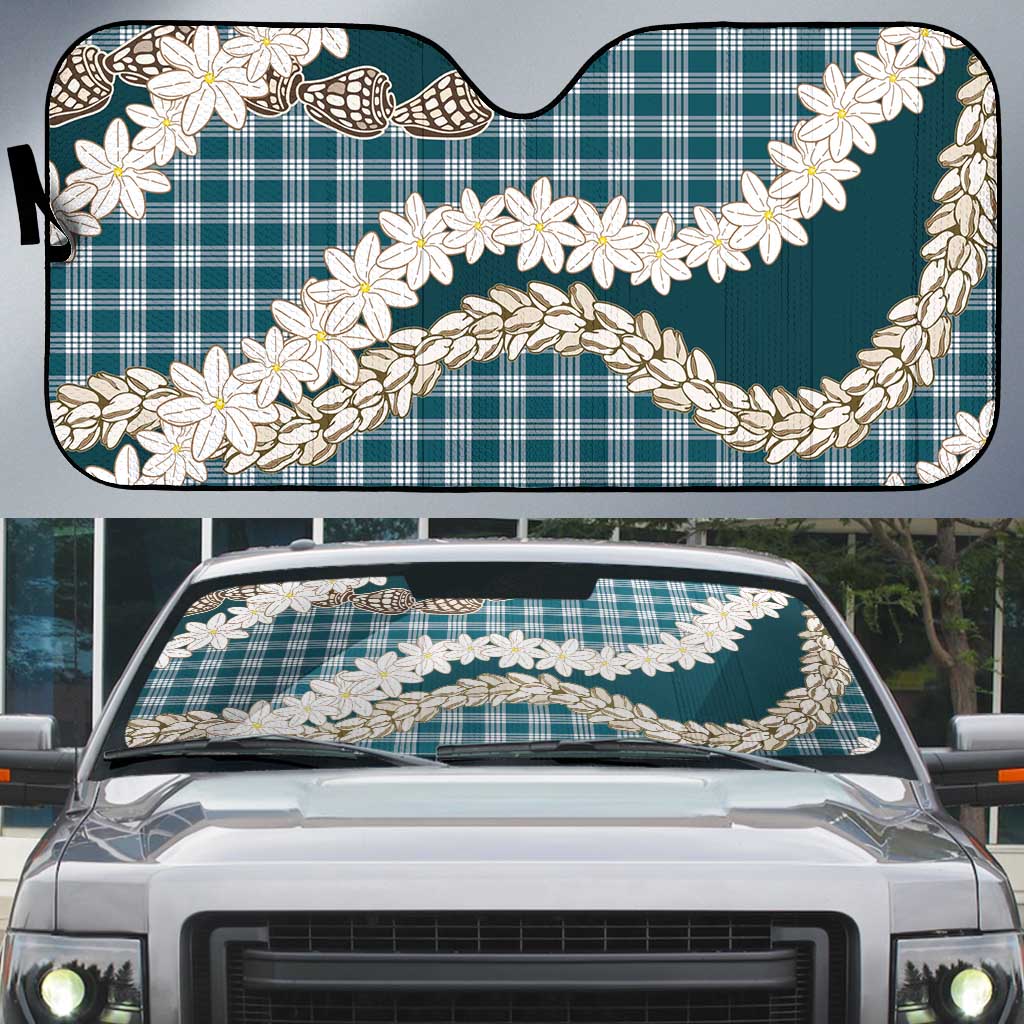 Dark Cyan Hawaii Tiare and Shell Lei Auto Sun Shade Hawaiian Palaka Luxury Vibes - Polynesian Pride