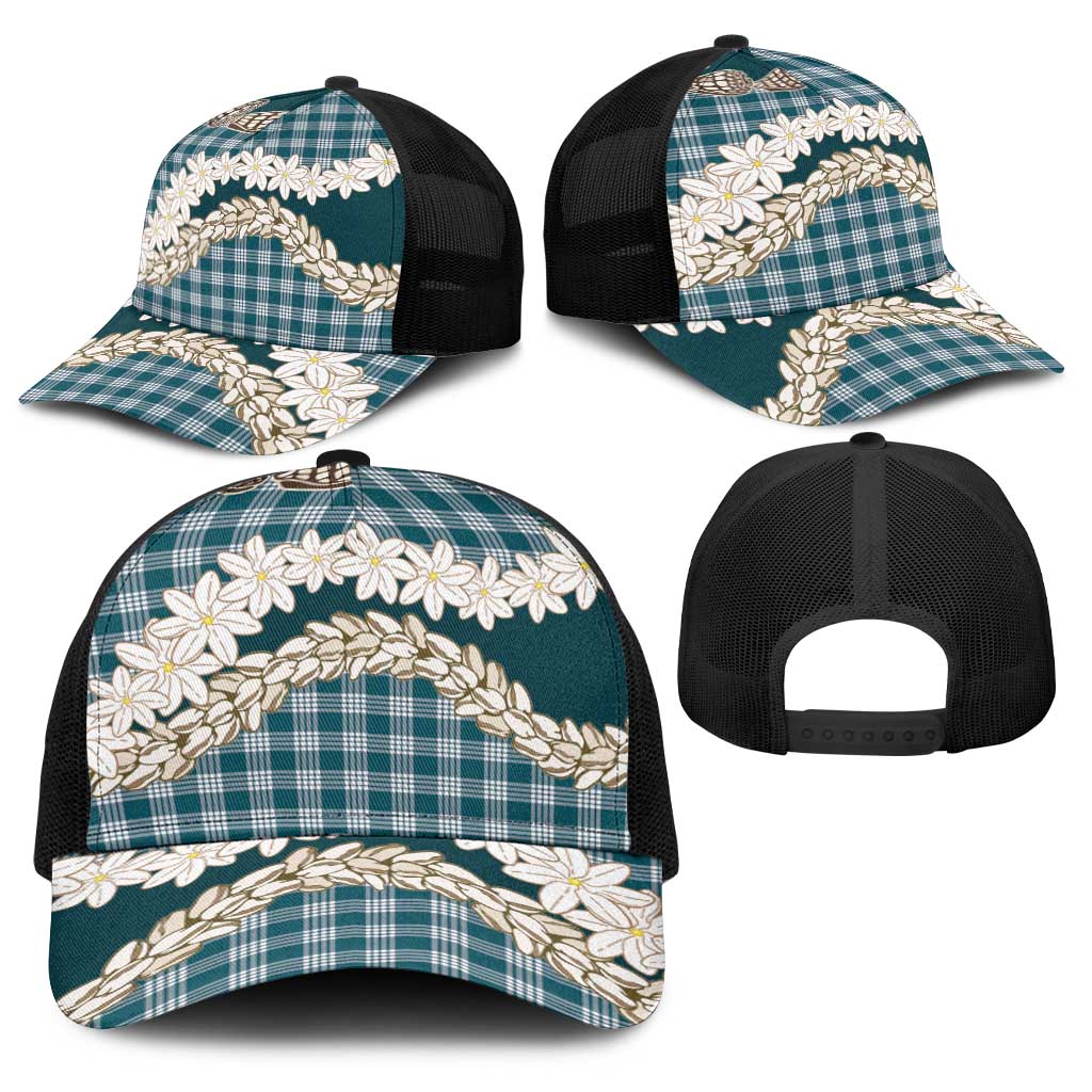 Dark Cyan Hawaii Tiare and Shell Lei Baseball Net Cap Hawaiian Palaka Luxury Vibes - Polynesian Pride