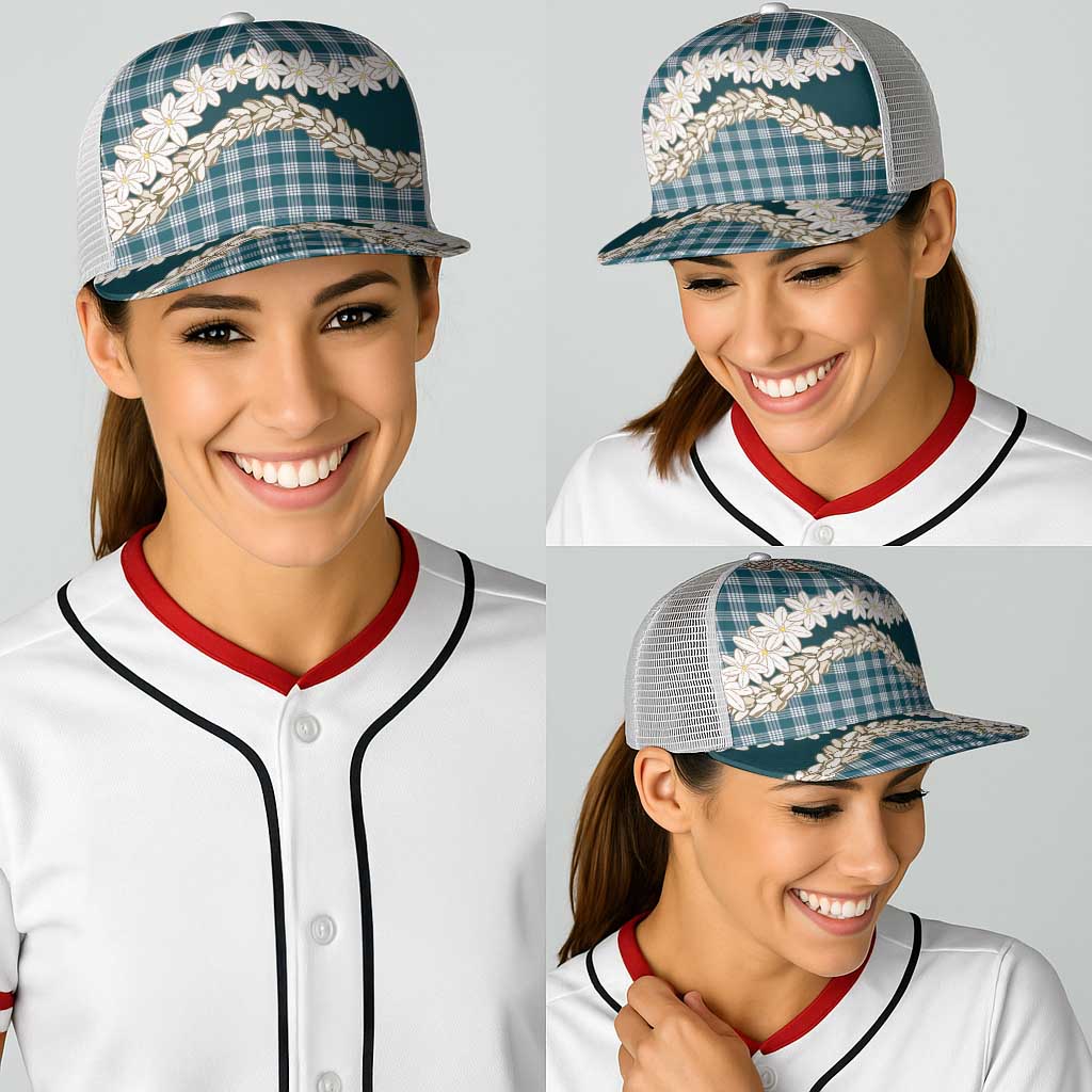 Dark Cyan Hawaii Tiare and Shell Lei Baseball Net Cap Hawaiian Palaka Luxury Vibes - Polynesian Pride